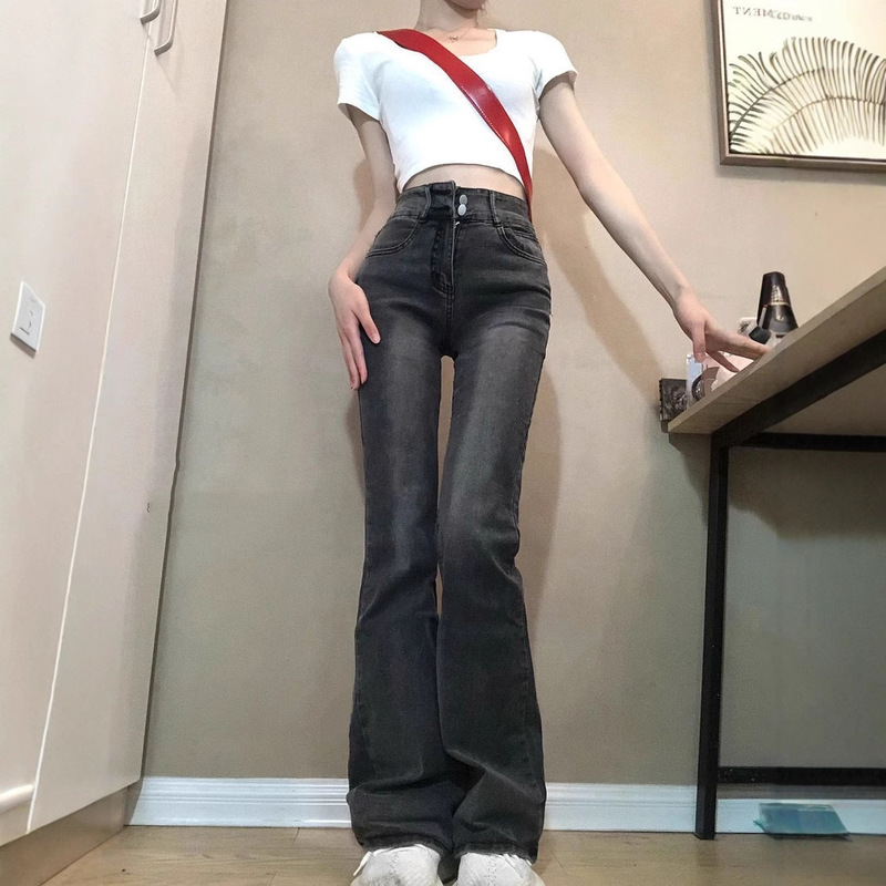 Slim Flared Jeans for Women, Spring and Summer New Style, Smoky Gray, Slightly Slimming, Versatile, High-Waisted, Straight-Leg, Floor-Length, Stretchy