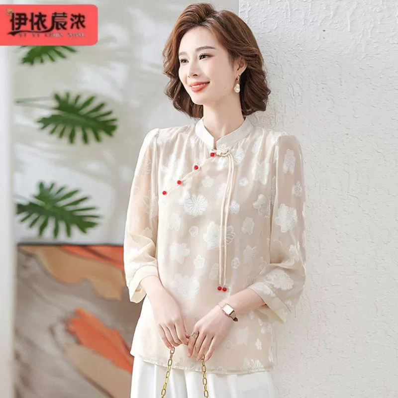 Новая летняя футболка с короткими рукавами для мамы, рукавами три четверти, в национальном стиле, элегантная белая рубашка для женщин средних лет, 40 лет