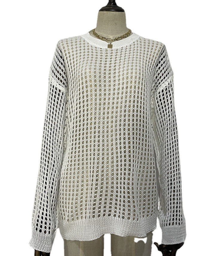 Blusa de Punto Calada para Mujer en Acrílico, UPF50+, Corte Holgado, Manga Larga, para Playa image 6