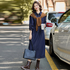 牛仔连衣裙女2025秋季款收腰显瘦气质时尚过膝牛仔裙配披肩E981