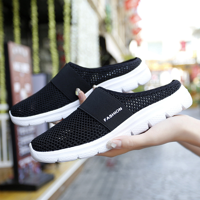 Half-drag non-help mesh women's shoes 2022 summer new outdoor breathable flying weaving women's shoes casual lazy half slippers