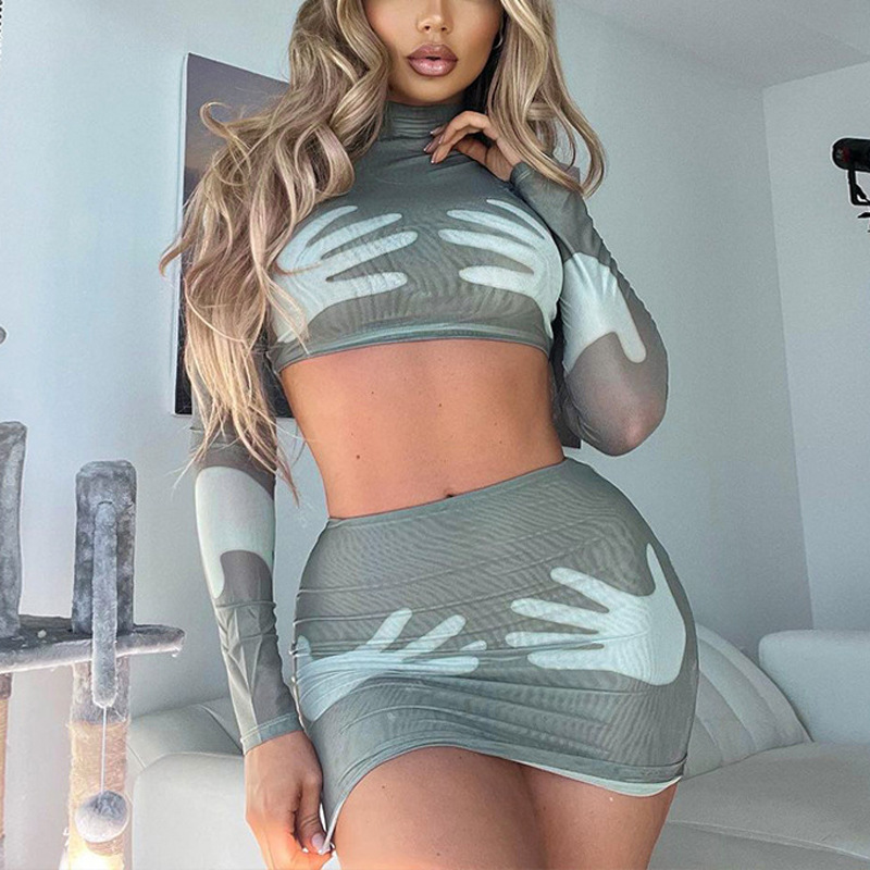 Street Occasion Standing Collar Neckline Slim Fit Type 3D Print Pattern Street Women'S Streetwear 3D Print Polyester Printing Skirt Co-ord Set Skirt Sets