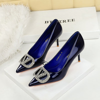 9283-AK225 European and American style banquet rhinestone V-buckle pointed shallow mouth, one foot kick, high heels, socialite sexy single shoes
