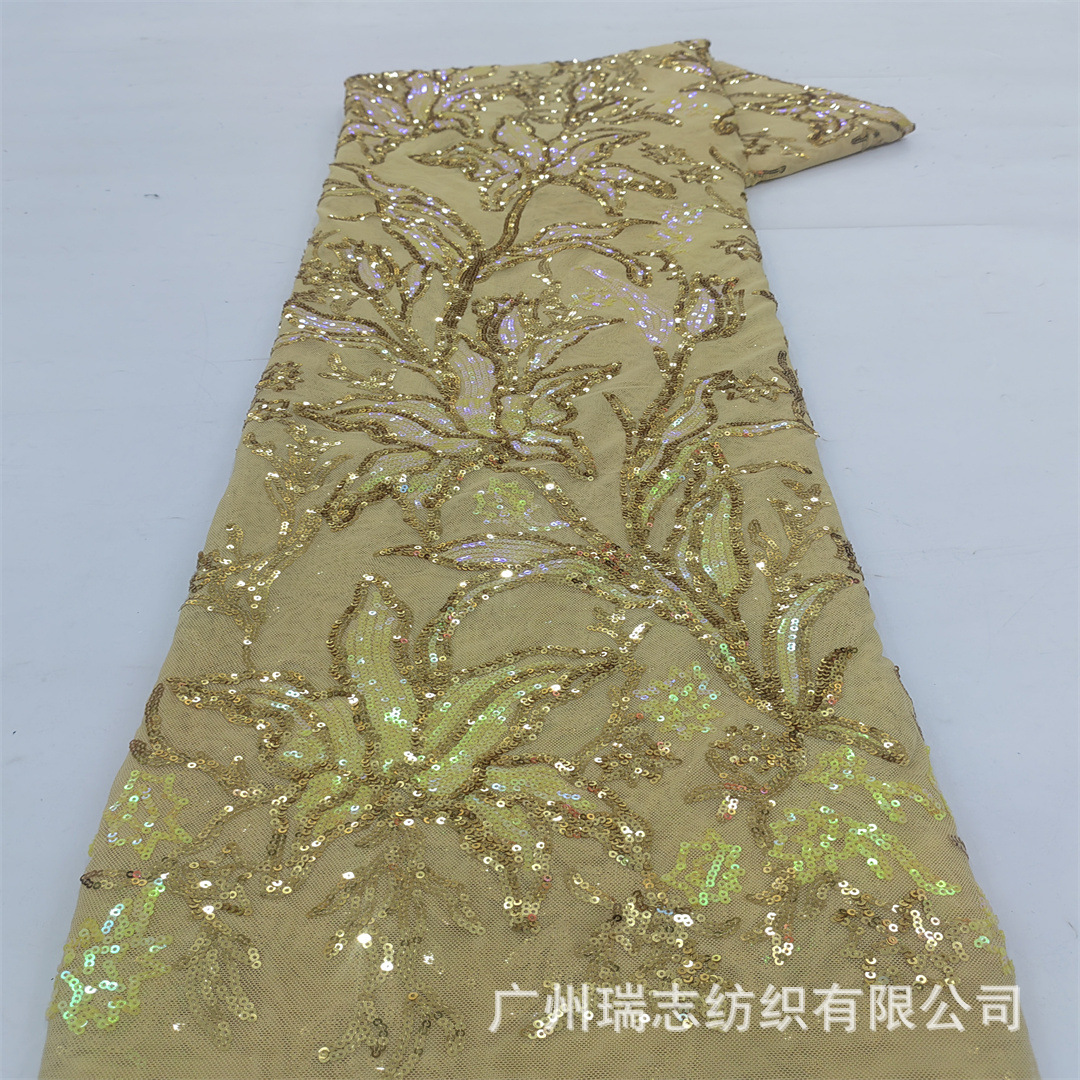 非洲花边新娘裙亮片蕾丝面料百合花珠片刺绣网纱布料Sequins Lace