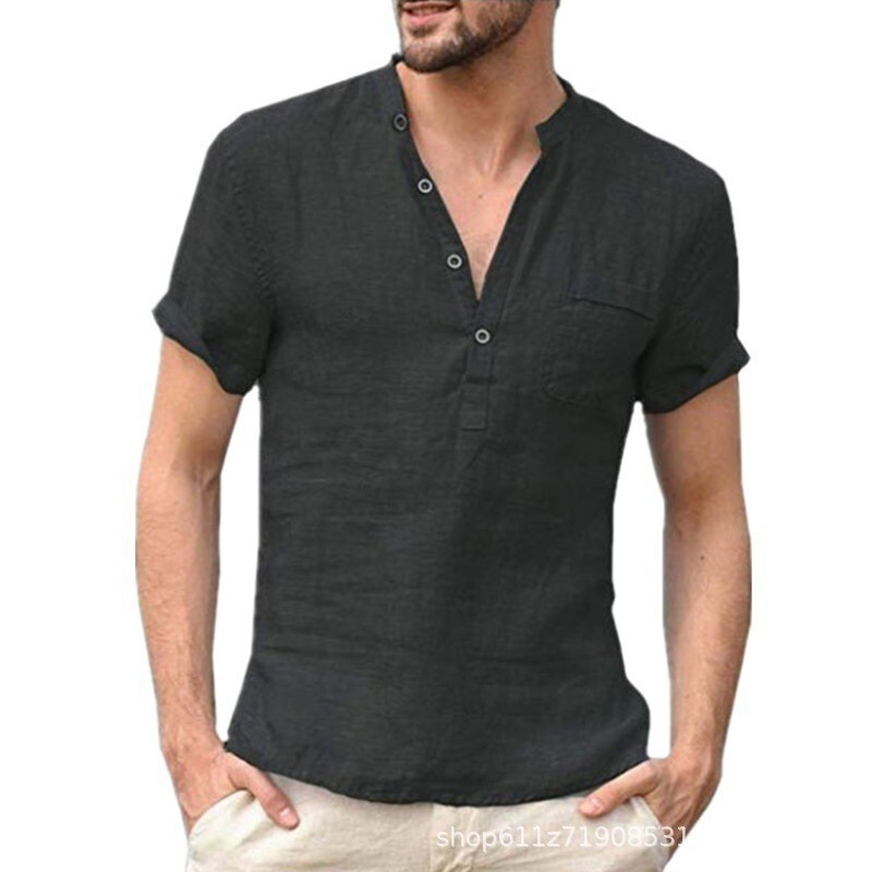 Cross-Border Ebay Hot-Selling Foreign Trade European and American Style Button-Down Short-Sleeve Shirt, New Summer Stand-Collar Cotton-Linen Short-Sleeve Men's Shirt Cross-Border Ebay Hot-Selling Foreign Trade European and American Style Button-Down Short-Sleeve Shirt, New Summer Stand-Collar Cotton-Linen Short-Sleeve Men's Shirt