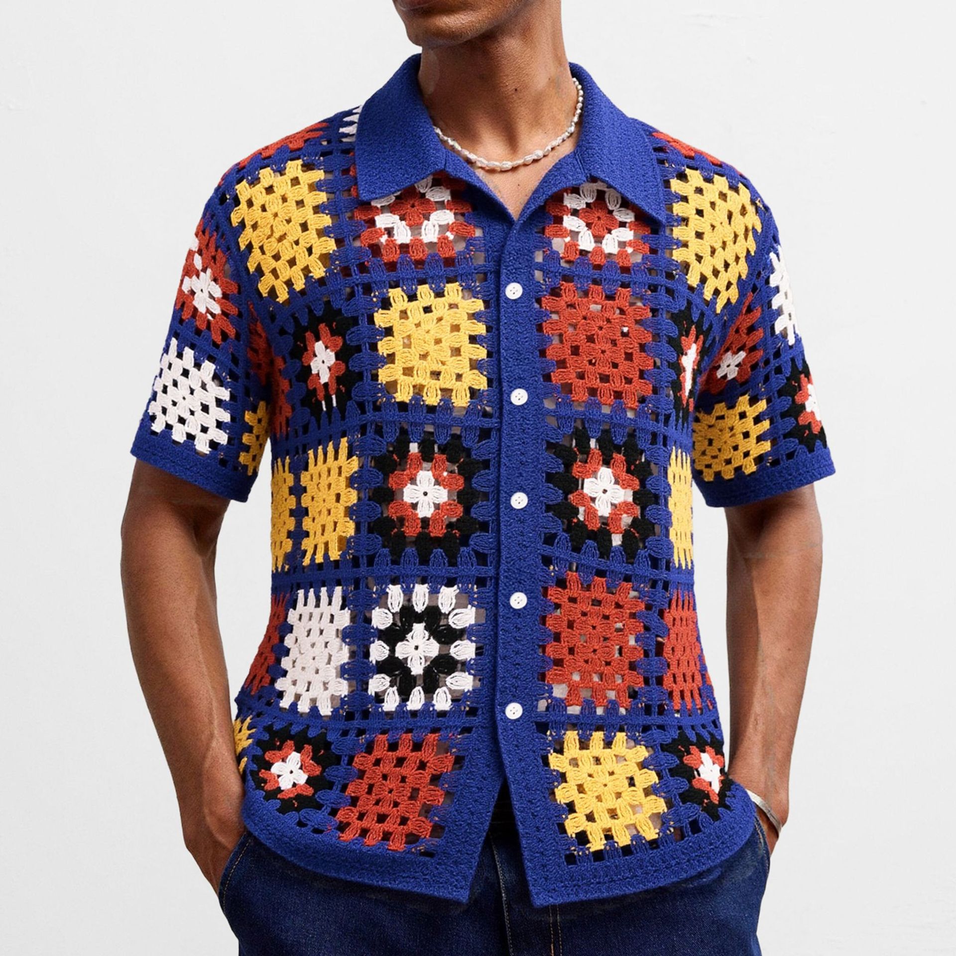 American-Style Color-Blocked Crochet Hollow-Out Knit Polo Shirt, Summer Vacation Short-Sleeve Water-Soluble Cardigan, Foreign Trade Men's Clothing Sy0135