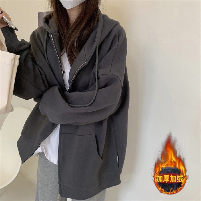 Suéter abrigo de primavera y otoño de las mujeres cardigan con cremallera con capucha engrosada Otoño e Invierno de gran tamaño azul marino superior