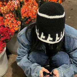 韩国ins小众黑白拼色针织水桶帽女手工钩针素颜显脸小渔夫帽子男
