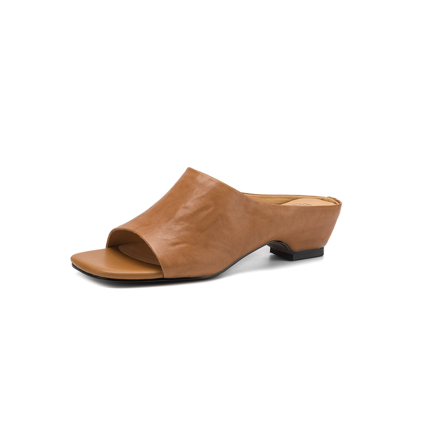 Sandal nữ da bò quai ngang gót thấp hở mũi phong cách Hàn Quốc — đen