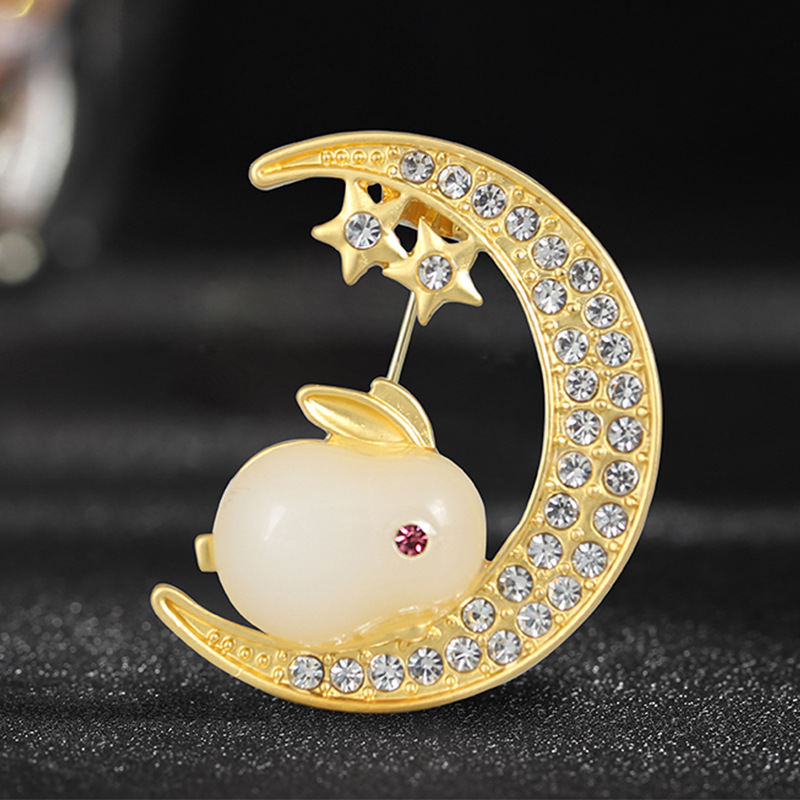 Brooch women moon rabbit brooch wholesale high end anti exposure pin buckle suit fixed clothing accessories collar pin_voghion.com