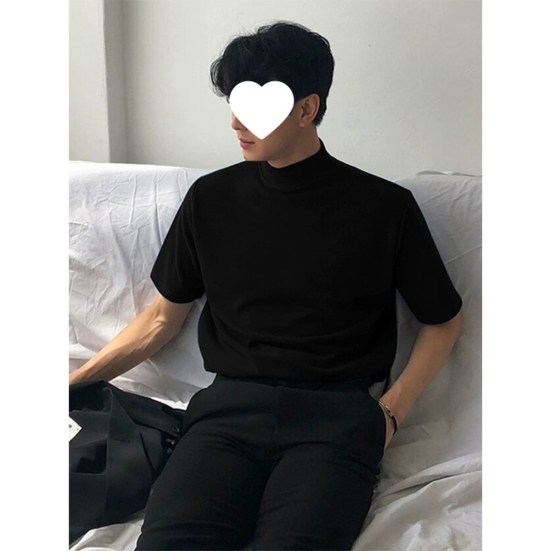 한국 스타일 트렌디 브랜드 하프 하이 칼라 티셔츠 남성용 반팔 단색 트렌디 올 매치 루즈 미드 칼라 탑 여름 스탠드 칼라 티셔츠