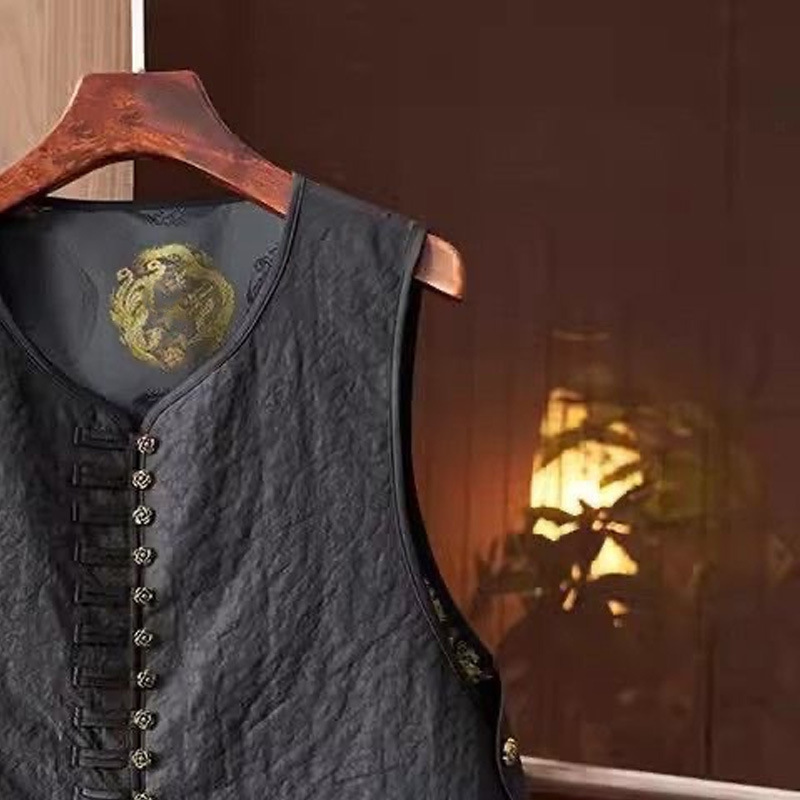 女性用の新しい中国風の黒亀ひび割れベスト、女性用の花ビーズバックルベスト、レトロな中国風、スタイリッシュでトレンディです。|undefined