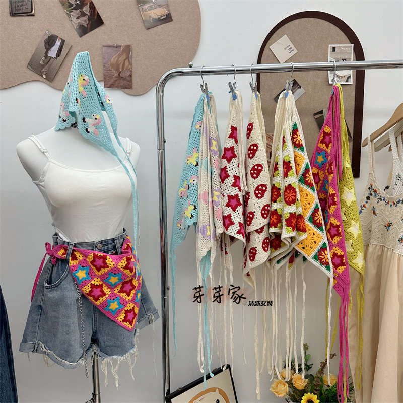 Francés vintage turbante primavera viaje dulce encantador gancho hueco flores artísticas estilo de tejido correa de pelo toalla triangular chica caliente