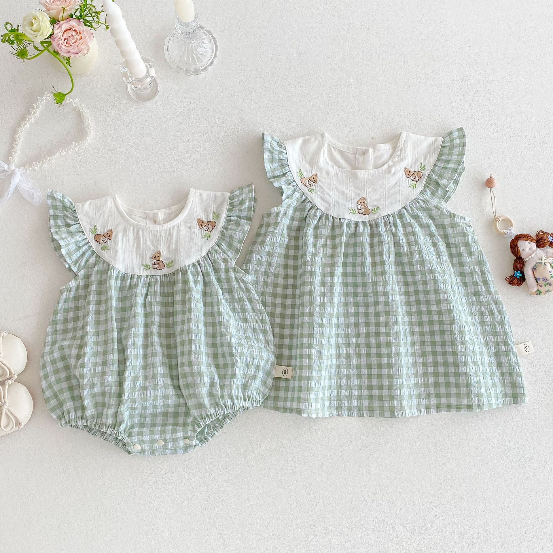 Baby Plaid Romper 2026 New Summer Style for Girls, Super Cute Embroidered Bunny Jumpsuit with Flutter Sleeves, Lightweight Crawling Outfit