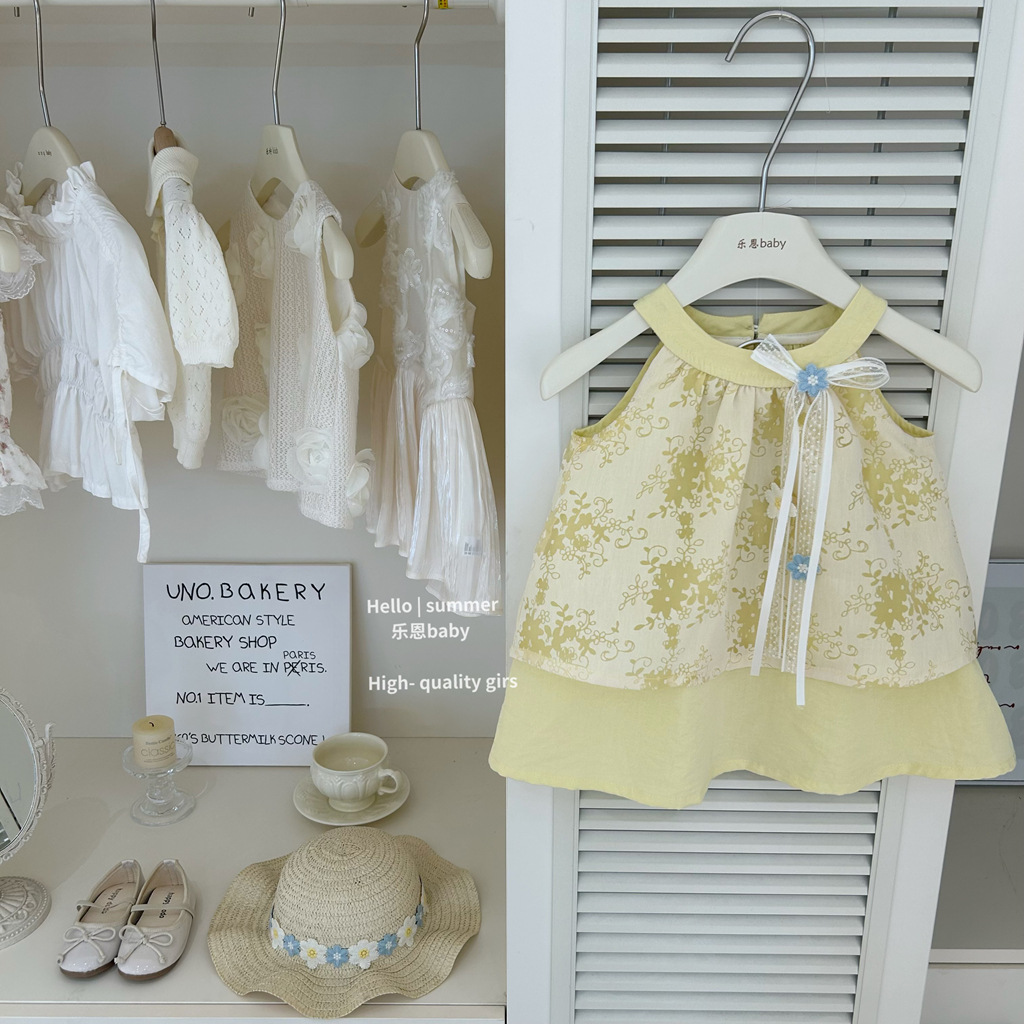 [Le En baby] Vestido de vacaciones amarillo de verano para niñas, vestido de princesa linda, falda de chaleco de moda de estilo occidental