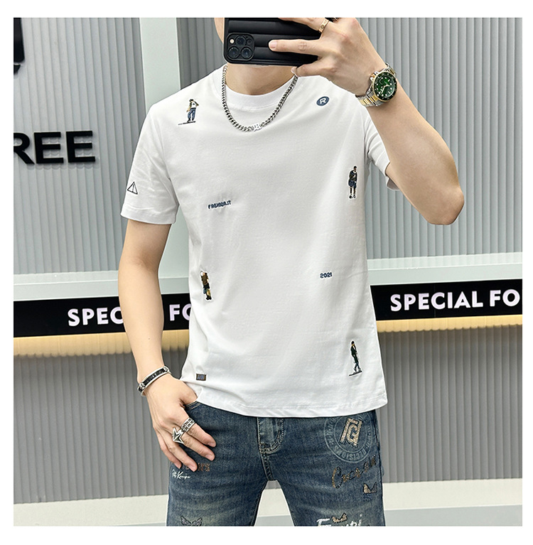 Summer Embroidered Short-sleeved Men's T-shirt American Trendy Brand 2024 New Slim-fit Crew Neck Youth Fashion Short-sleeved Bottoming Shirt_viptrois.com
