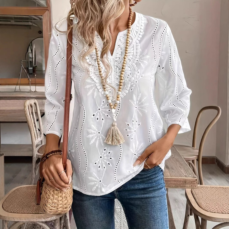 2026 European and American Amazon Cross-Border Spring and Summer New Women's Tops Loose V-Neck Lace Embroidered Shirt White Without 2026 European and American Amazon Cross-Border Spring and Summer New Women's Tops Loose V-Neck Lace Embroidered Shirt White Without