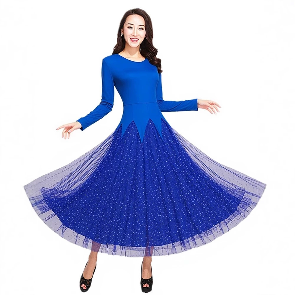 Платье с юбкой для современного танца, юбка с большим подолом, одежда для выступлений с длинными рукавами, одежда для выступлений в бальных танцах, современный танец