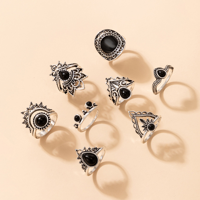 Fashion Style Retro Jewelry Black Drip Ring Set Geometric Irregular Hollow Ring Eight-piece Set