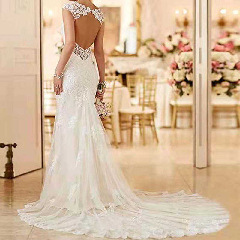 Comercio exterior europeo y americano Amazon AliExpress deseo elegante vestido de novia con cuello en V largo elegante simple vestido de novia vestido de cola de pez