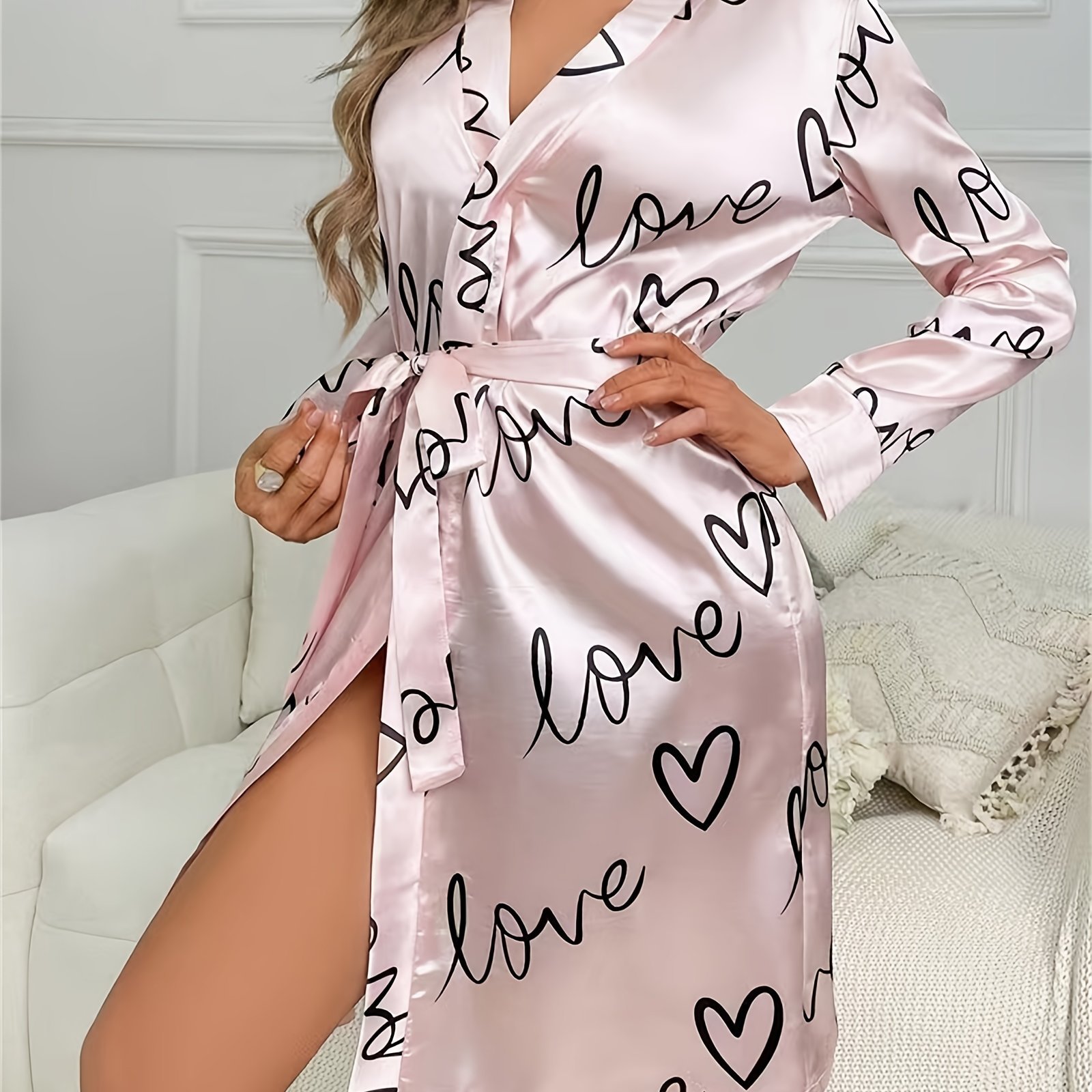 Transfronterizos TEMU mujeres de verano nuevo estilo impresión de seda pijama de mangas largas correa bata de baño corta pijama casero sexy