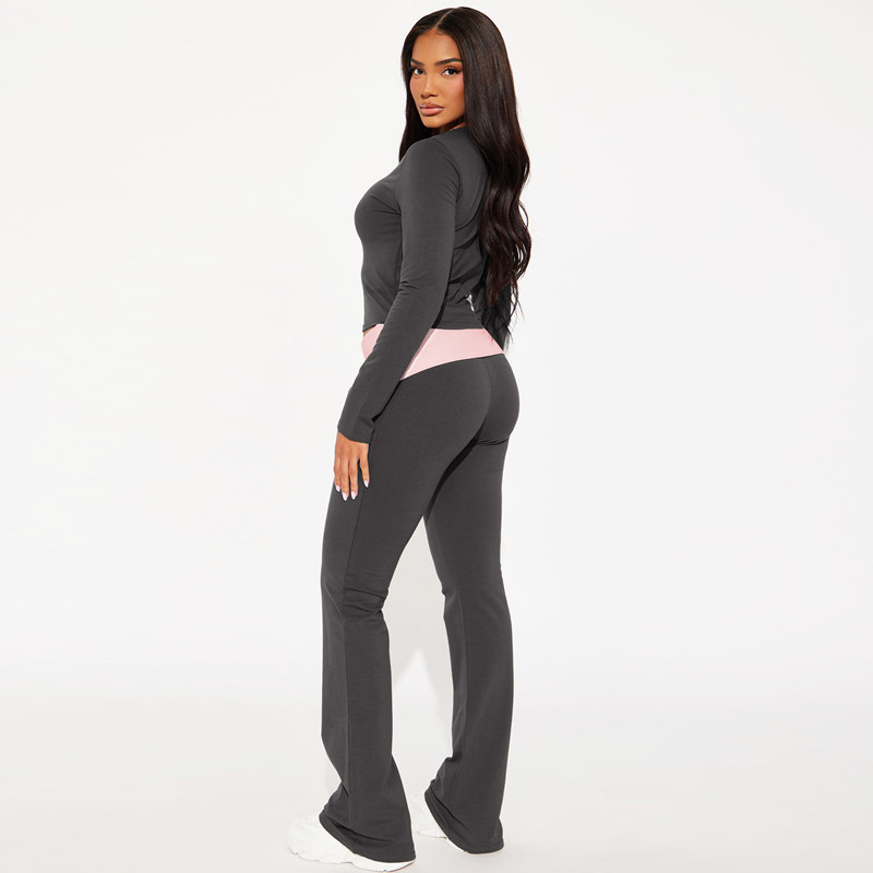 Women Clothing Autumn Contrast Color Round Neck Long Sleeve Bell Bottom Pants Two Piece Set Rhinestone Suit