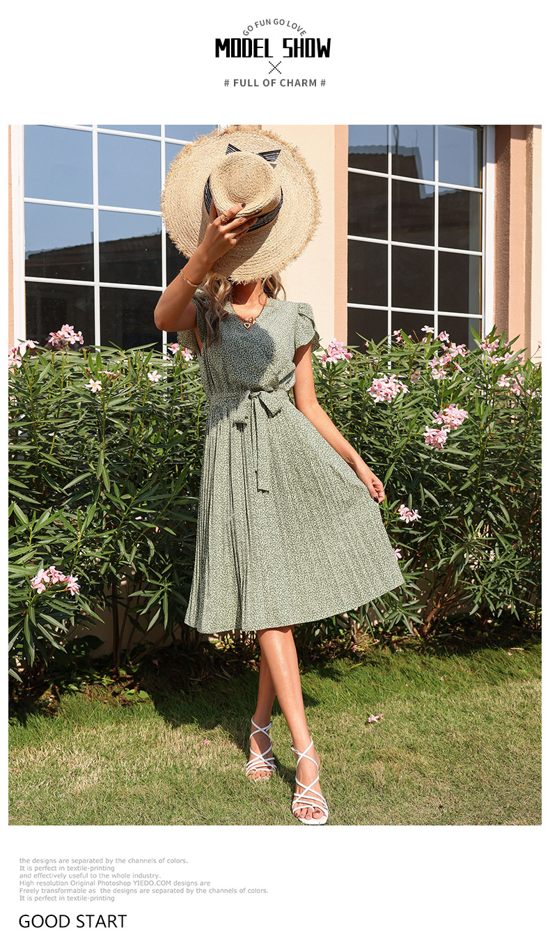 Printed Green Pleated V-neck Dress - Dresses - Uniqistic.com