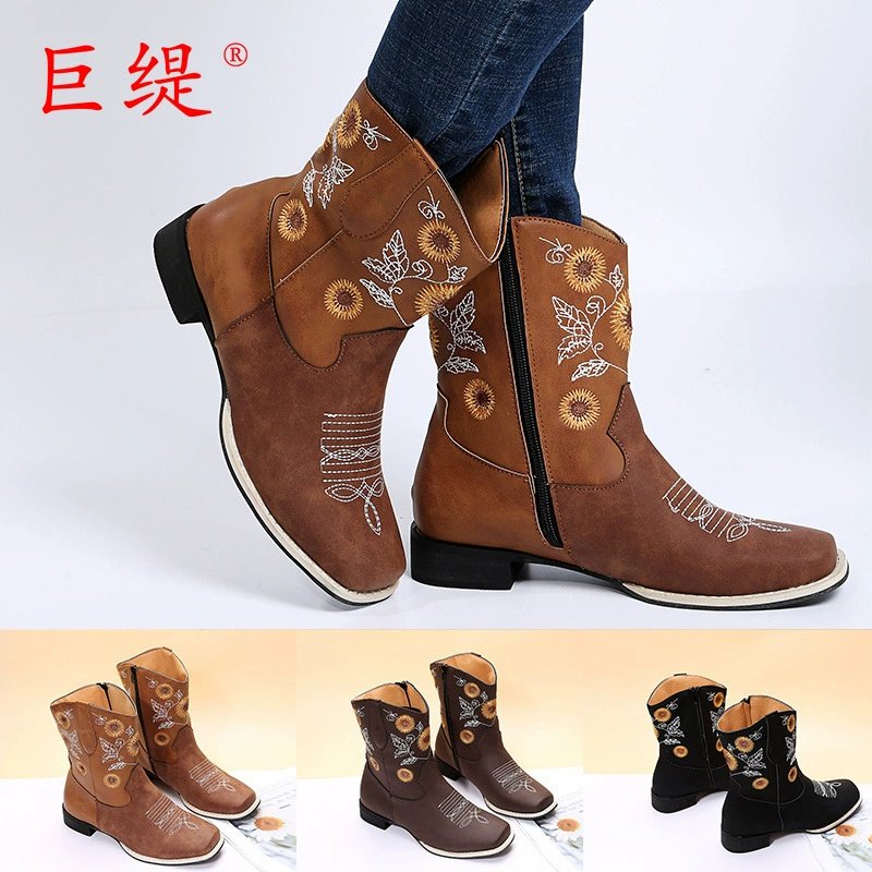 Juti в наличии Многолетний стиль 2021 Зимние европейские и американские Внешняя торговля плоские сапоги больших размеров с вышитыми подсолнухами на молнии
