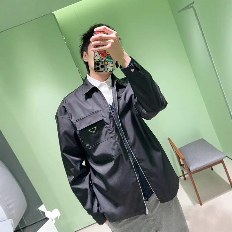 Correct Version of Triangle Logo Solid Color Zipper Lapel Long-Sleeved Jacket Fashionable Classic Versatile Casual Jacket for Men and Women