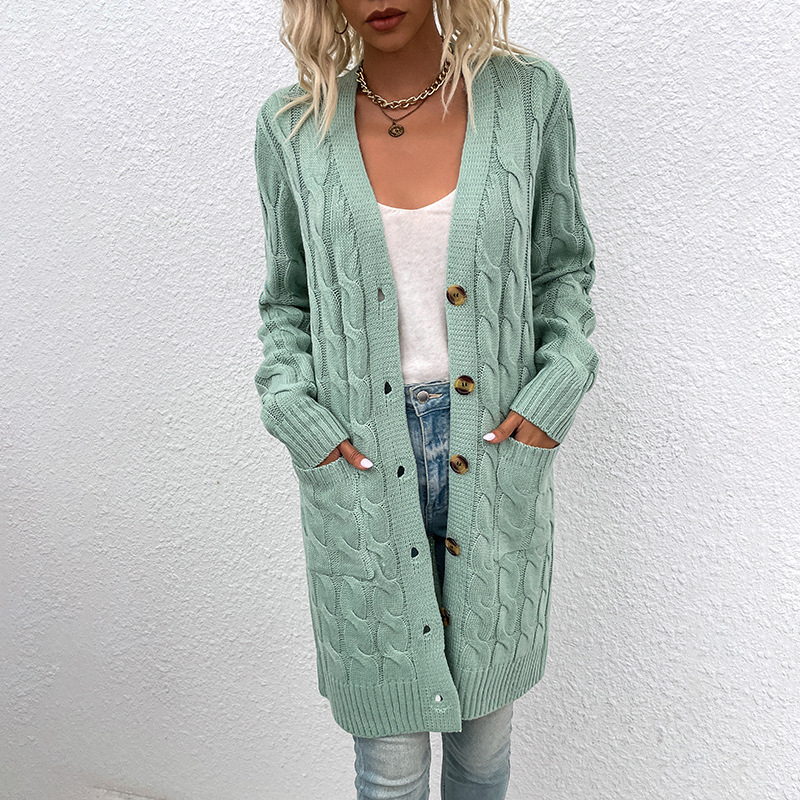 Suéter de punto largo estilo lluvia fina europeo y americano para mujer, otoño/invierno 2025, cárdigan nuevo con botones, ideal para comercio exterior, disponible en Amazon.