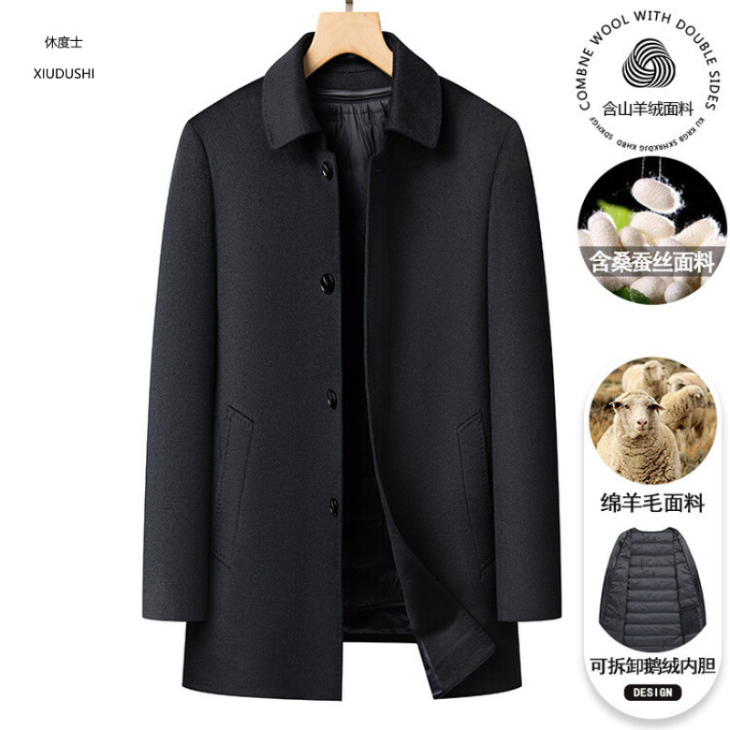 Luxury Autumn/Winter Mid-Length Men's Cashmere Coat with Removable Goose Down Lining, Thickened Woolen Coat