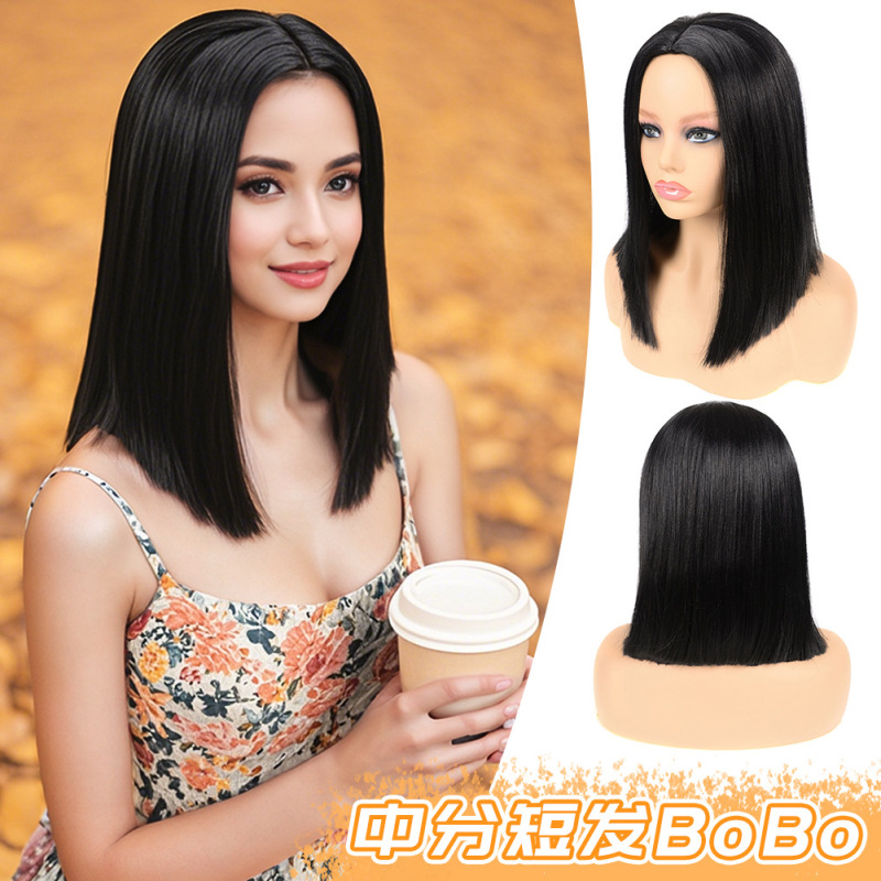 Wholesale European and American Style Black Bob Wig for Women with Synthetic Fiber Straight Bob Wholesale European and American Style Black Bob Wig for Women with Synthetic Fiber Straight Bob