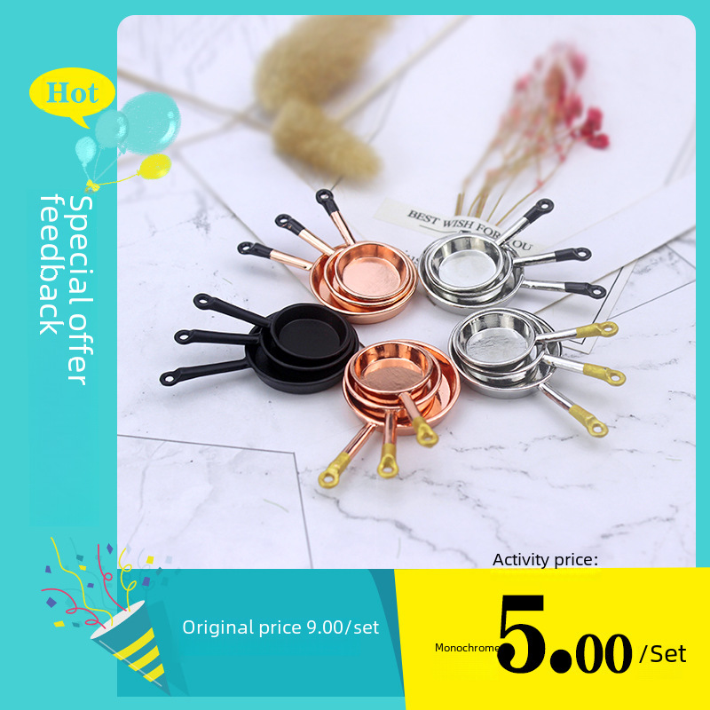 52DOLLHOUSE 음식 놀이 장면 모델 인형 집 액세서리 미니 롱 핸들 팬 3 피스 세트 D226