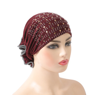 Fashion Crystal Rhinestone Floral Base Cap Headscarf Arab Scarf Wholesale in Stock H008 Ethnic Style
