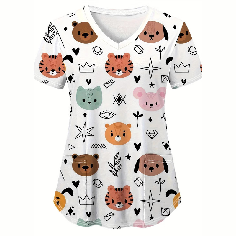Women's T-Shirt V-Neck Nurse Uniform European and American Cross-Border Source Factory Direct Sales Aliexpress Casual and Comfortable Short-Sleeved Women's Animal Print