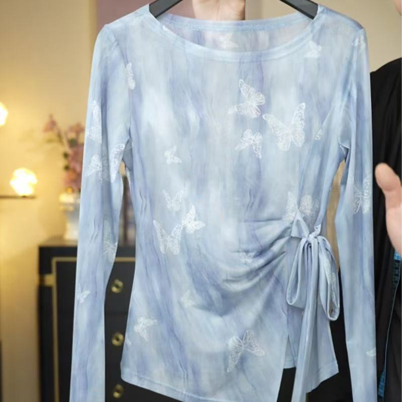 夏の新しいデザインの巾着ストラップ薄い微透けメッシュ長袖Tシャツレディースファッションバタフライ万能ブラウス|undefined