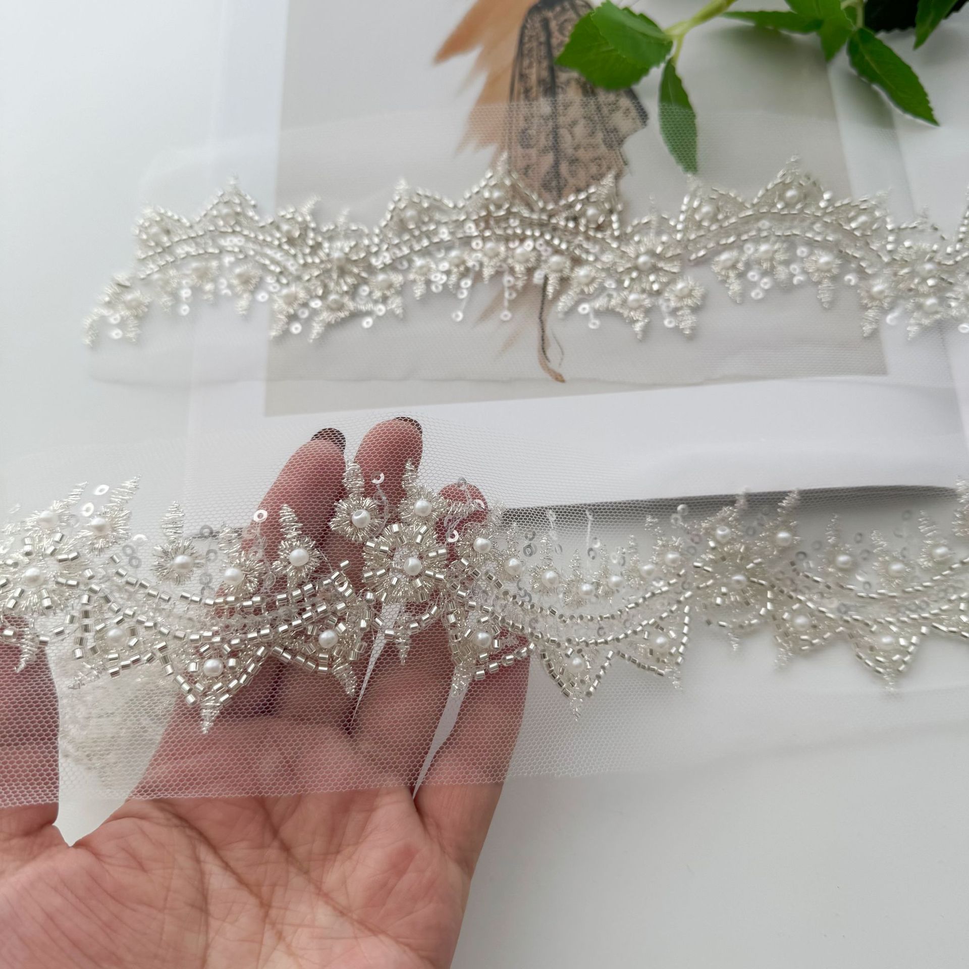 ZH456 너비 6cm 절묘한 스팽글 구슬 자수 레이스 하이 엔드 웨딩 드레스 수제 diy hanfu