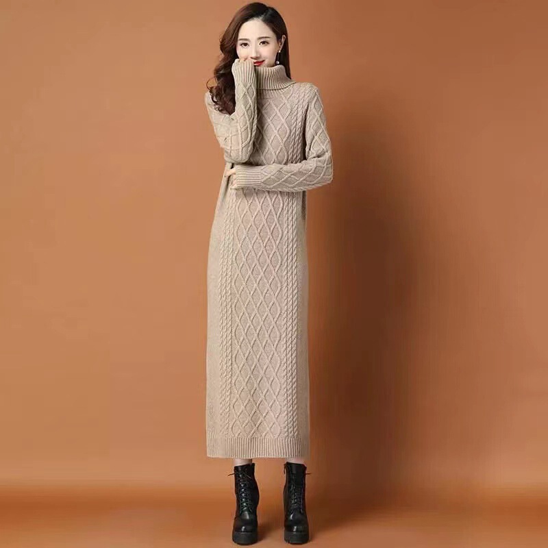 Long sweater skirt over the knee 2023 autumn and winter New turtleneck plus size women's clothing with overcoat knitted dress temperament