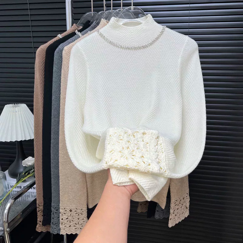Drilled chain design, crochet texture, half-high collar, knitted base layer, women's autumn and winter elegant and versatile long-sleeved top Drilled chain design, crochet texture, half-high collar, knitted base layer, women's autumn and winter elegant and versatile long-sleeved top