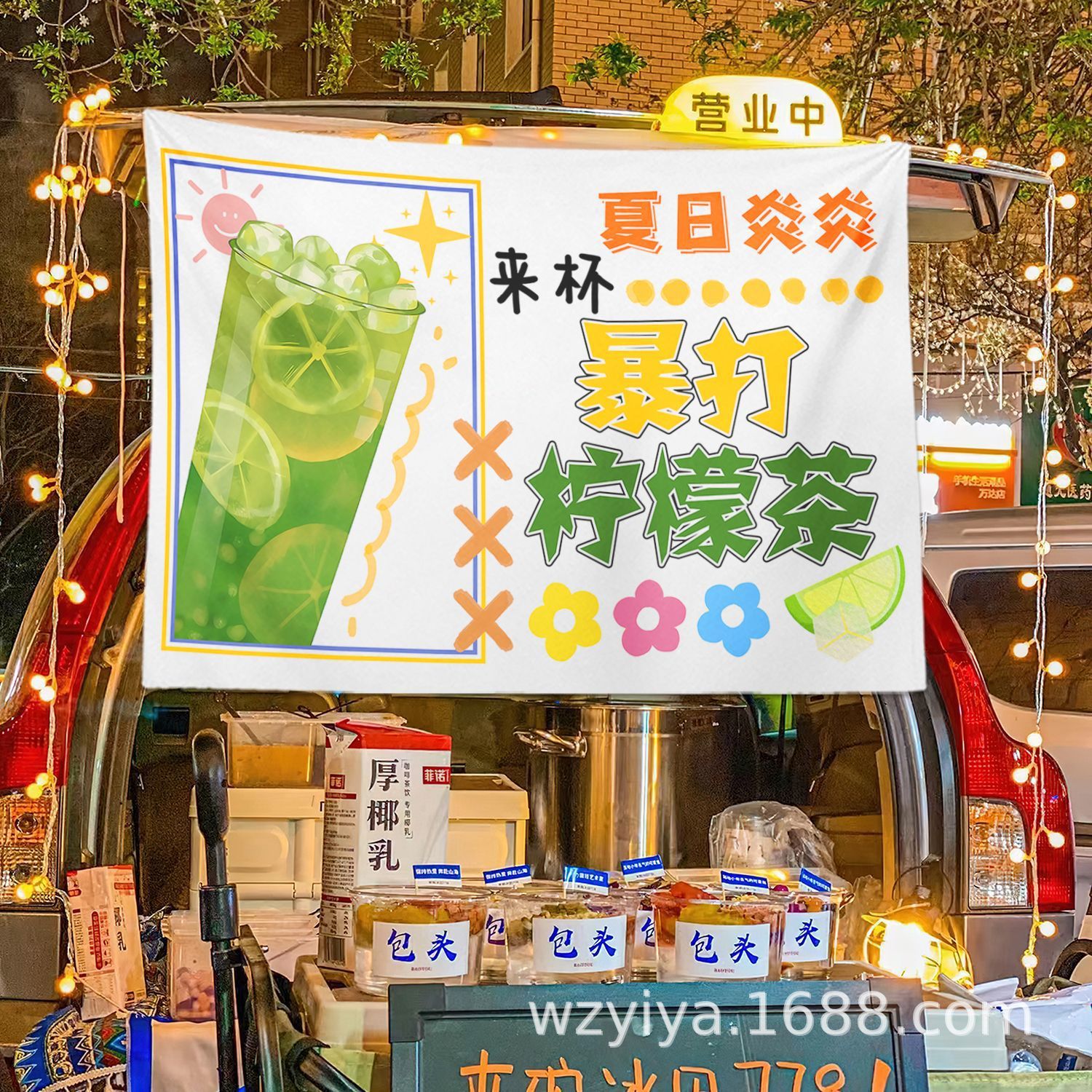 Té de limón hecho a mano, puesto, comida, mercado nocturno, puesto, puesto, cartel callejero, puesto, promoción