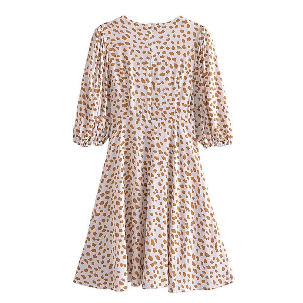 lace-up mid-sleeve v neck slim leopard print dress NSAM127549