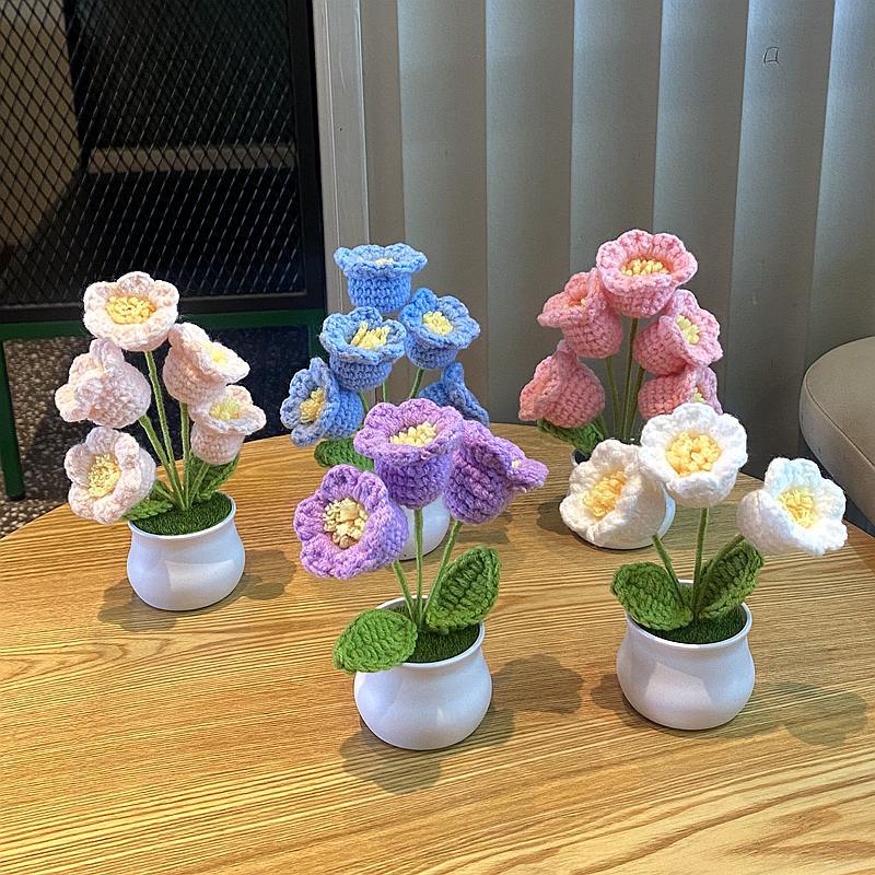 Nuevo creativo Lily tejido a mano maceta artificial acabado lana ganchillo decoración de escritorio regalo