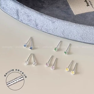 S999纯银针耳钉彩色锆石女小众设计简约气质百搭养耳洞睡觉可佩戴