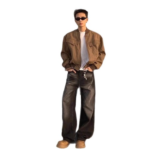 Leather brown short sleeve workwear jacket for men, spring and autumn wash streetwear baseball jacket, American retro Harrington jacket