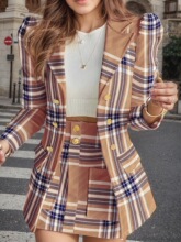 C 43551L Fashion Checkered Floral Sleeves Top Skirt Set