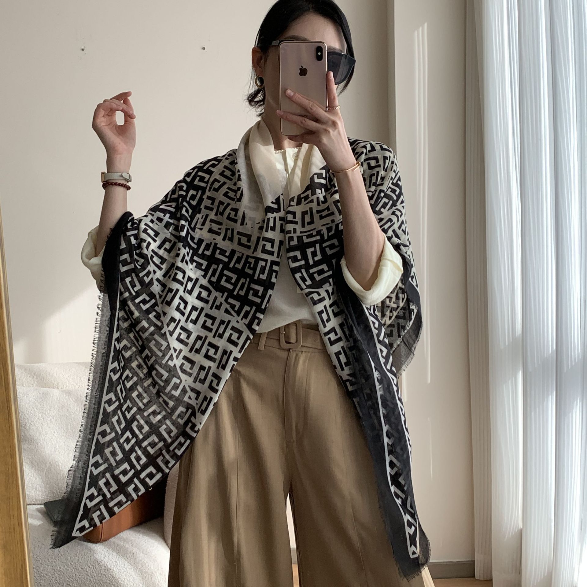 Moda algodón y lino sensación toallas cuadradas en forma de círculo geométrico protector solar para mujeres otoño y invierno nuevo temperamento color combinación toallas cuadradas