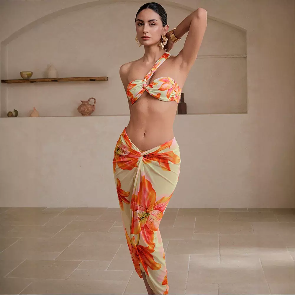 性感比基尼女欧美单肩分体泳衣三件套跨境亚马逊海边沙滩度假泳装