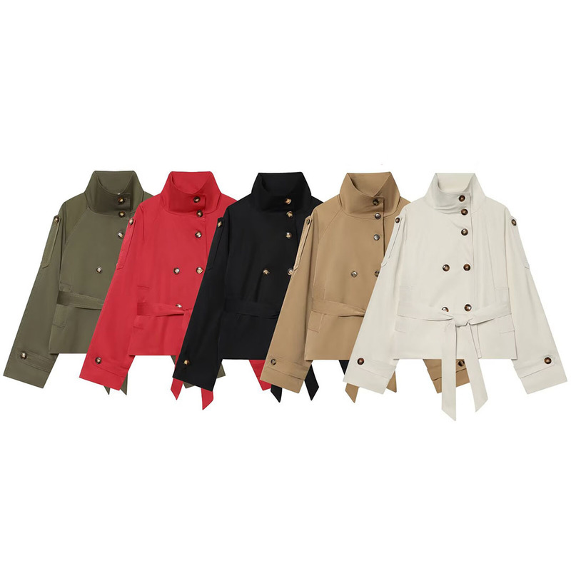 Foreign Trade Wholesale 2025 New European and American Fashion Versatile Double-Breasted Lace-Up Windbreaker 6620085