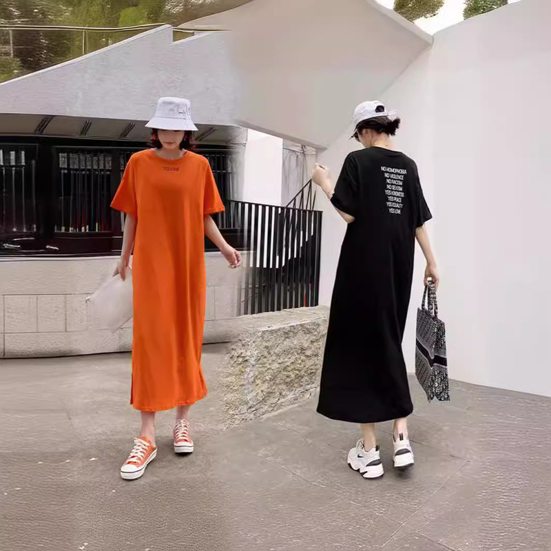 Long Lazy Dress Ins South Korea Elegant dress Short-sleeved Women's Summer Letter Printed Round Neck dress