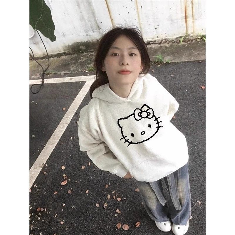 Cross-Border Cute Hello Kitty Print Loose Oversized Hooded Sweatshirt for Women Versatile Niche Student Fleece Jacket Ins